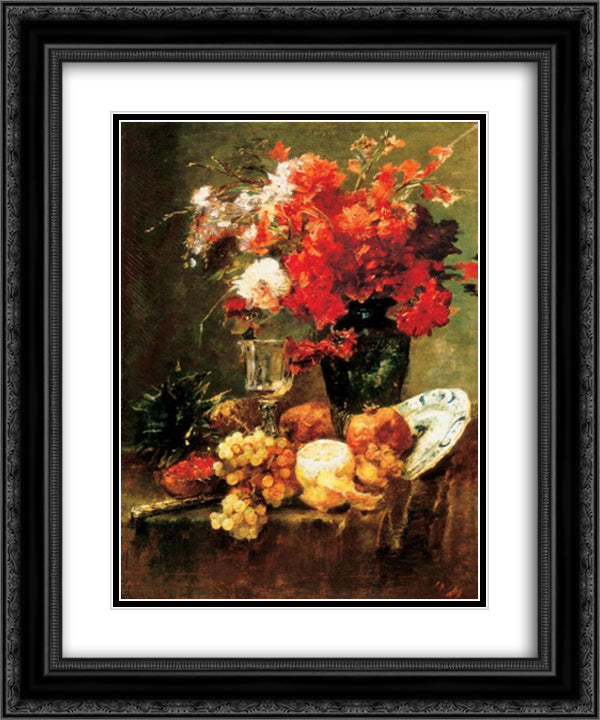 Still-life with Flowers and Fruits 20x24 Black Ornate Wood Framed Art Print Poster with Double Matting by Munkacsy, Mihaly