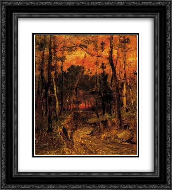Sunset in the Forest 20x22 Black Ornate Wood Framed Art Print Poster with Double Matting by Munkacsy, Mihaly