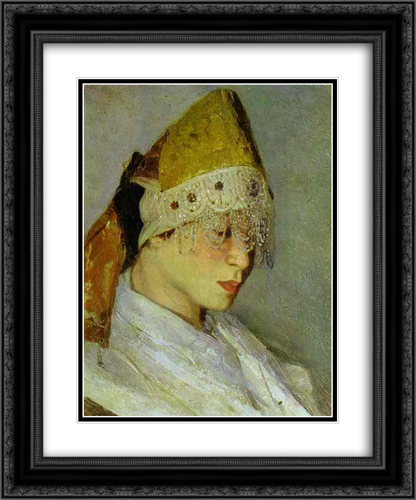 A Girl with Kokoshnik (Woman's Headdress in Old Russia) 20x24 Black Ornate Wood Framed Art Print Poster with Double Matting by Nesterov, Mikhail