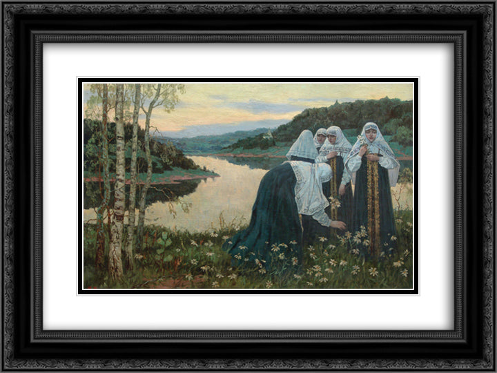 Girls on the bank of the river 24x18 Black Ornate Wood Framed Art Print Poster with Double Matting by Nesterov, Mikhail