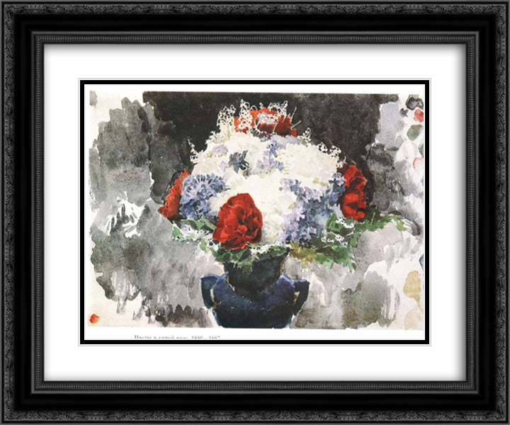 Flowers in a Blue Vase 24x20 Black Ornate Wood Framed Art Print Poster with Double Matting by Vrubel, Mikhail