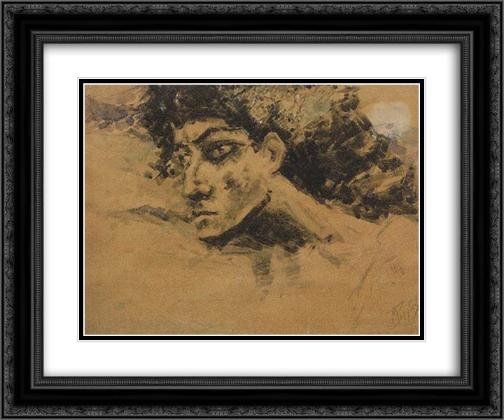 Head of Demon 24x20 Black Ornate Wood Framed Art Print Poster with Double Matting by Vrubel, Mikhail