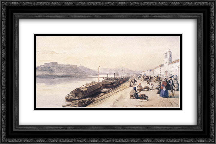 Quay of the Danube with Greek Church in 1843 24x16 Black Ornate Wood Framed Art Print Poster with Double Matting by Barabas, Miklos
