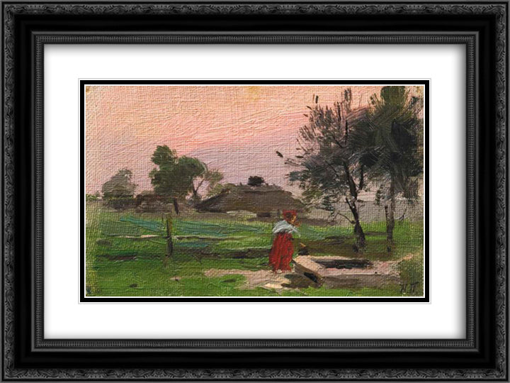 At the well 24x18 Black Ornate Wood Framed Art Print Poster with Double Matting by Pymonenko, Mykola
