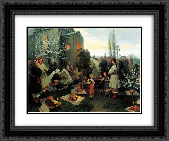Easter morning prayer in Malorosia 24x20 Black Ornate Wood Framed Art Print Poster with Double Matting by Pymonenko, Mykola