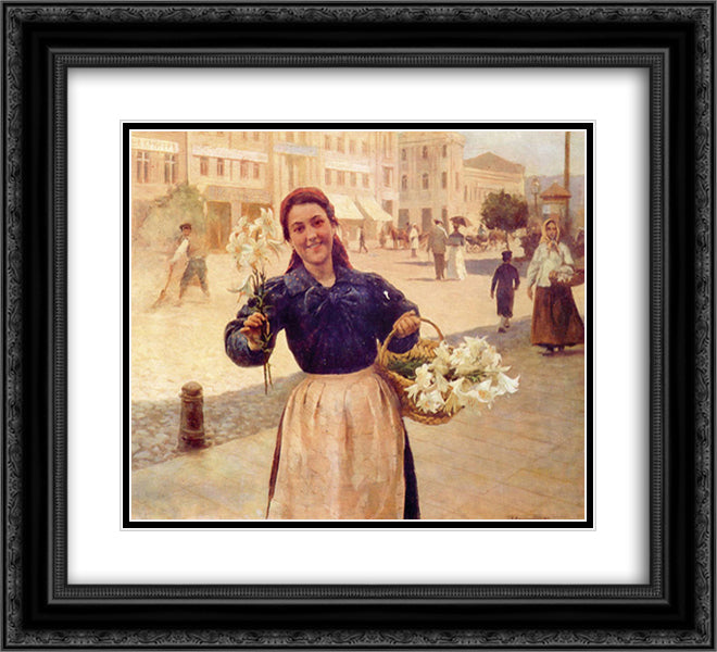Kiev Flower Girl 22x20 Black Ornate Wood Framed Art Print Poster with Double Matting by Pymonenko, Mykola