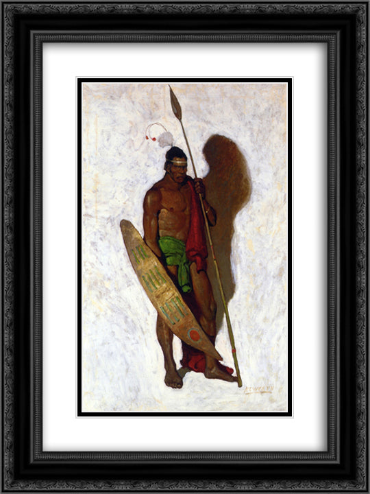 African Warrior 18x24 Black Ornate Wood Framed Art Print Poster with Double Matting by Wyeth, N.C.