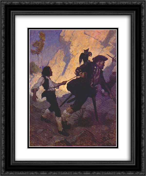 Jim, Long John Silver and his Parrot 20x24 Black Ornate Wood Framed Art Print Poster with Double Matting by Wyeth, N.C.