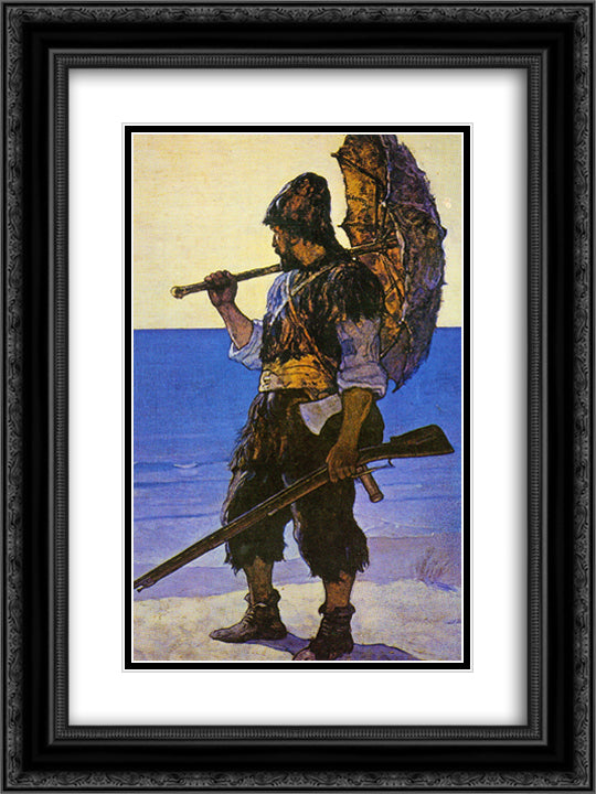 Robinson Crusoe illustration 18x24 Black Ornate Wood Framed Art Print Poster with Double Matting by Wyeth, N.C.