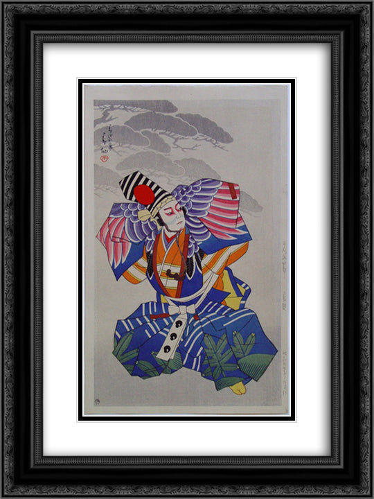 Ichikawa Danshiro as Sanbaso Dancer in Blue Kimono 18x24 Black Ornate Wood Framed Art Print Poster with Double Matting by Shunsen, Natori