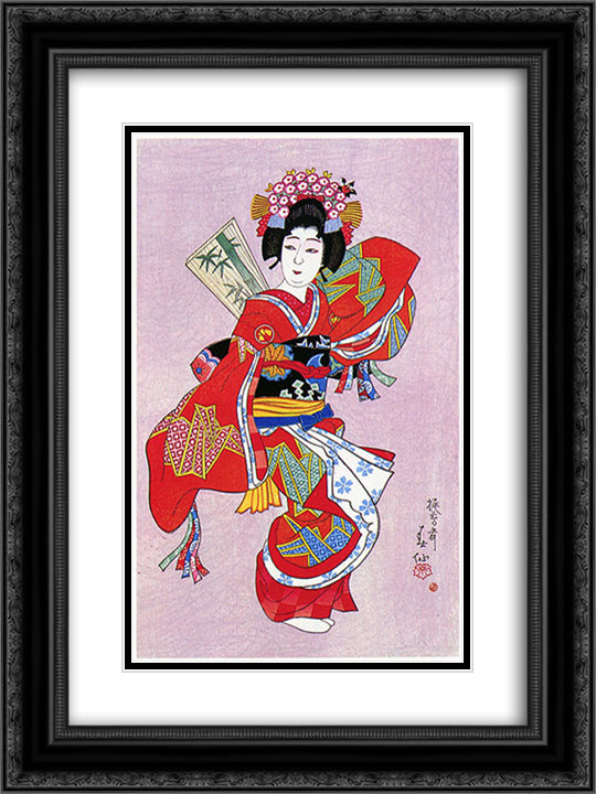 Nakamura Tomijuro as Kamuro in the Dance of Hane no Kamuro 18x24 Black Ornate Wood Framed Art Print Poster with Double Matting by Shunsen, Natori