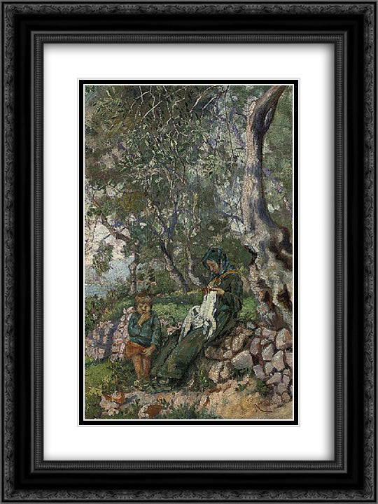 A mother and son seated by a wall before the sea 18x24 Black Ornate Wood Framed Art Print Poster with Double Matting by Cannicci, Niccolo
