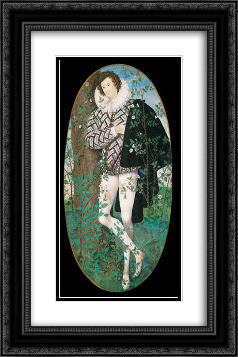 A Young Man Leaning Against a Tree Amongst Roses 16x24 Black Ornate Wood Framed Art Print Poster with Double Matting by Hilliard, Nicholas