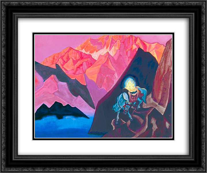 A depiction of the Cintamani being carried by the Lung Ta (Wind Horse) 24x20 Black Ornate Wood Framed Art Print Poster with Double Matting by Roerich, Nicholas