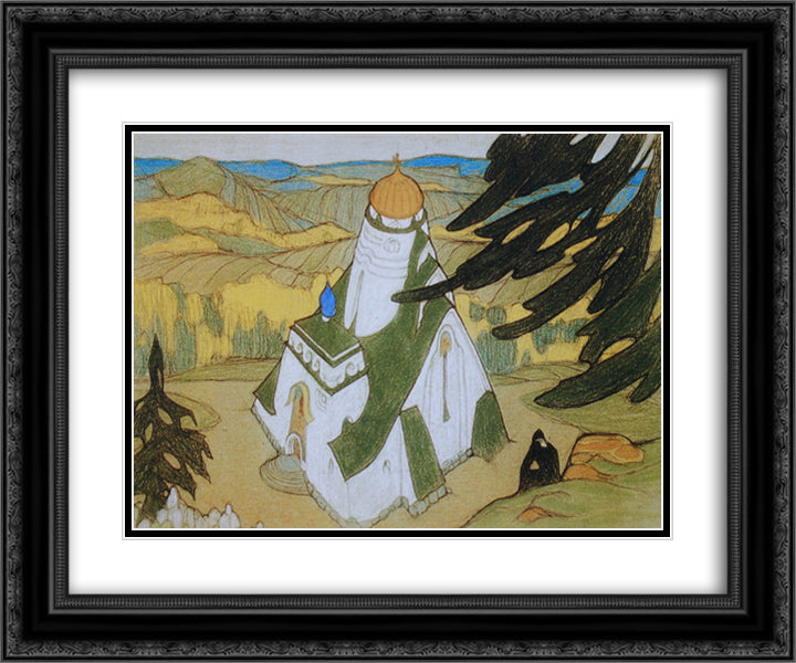 A Temple 24x20 Black Ornate Wood Framed Art Print Poster with Double Matting by Roerich, Nicholas