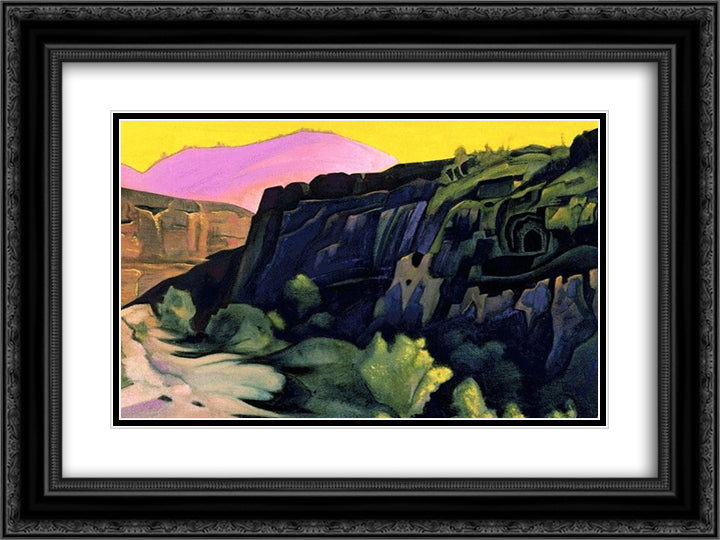 Ajanta. The rock temples. 24x18 Black Ornate Wood Framed Art Print Poster with Double Matting by Roerich, Nicholas