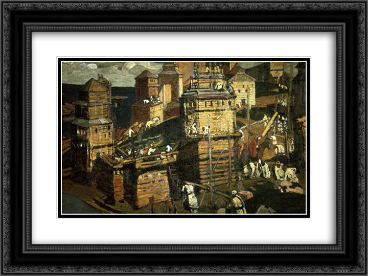 Building a City 24x18 Black Ornate Wood Framed Art Print Poster with Double Matting by Roerich, Nicholas
