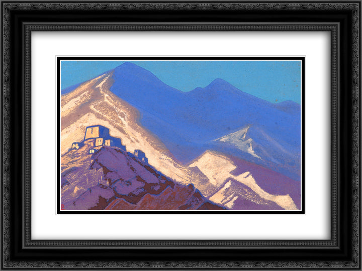 Dark-blue mountains and buildings on the hiil 24x18 Black Ornate Wood Framed Art Print Poster with Double Matting by Roerich, Nicholas