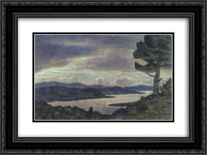 Landscape with lake and tree on the shore 24x18 Black Ornate Wood Framed Art Print Poster with Double Matting by Roerich, Nicholas