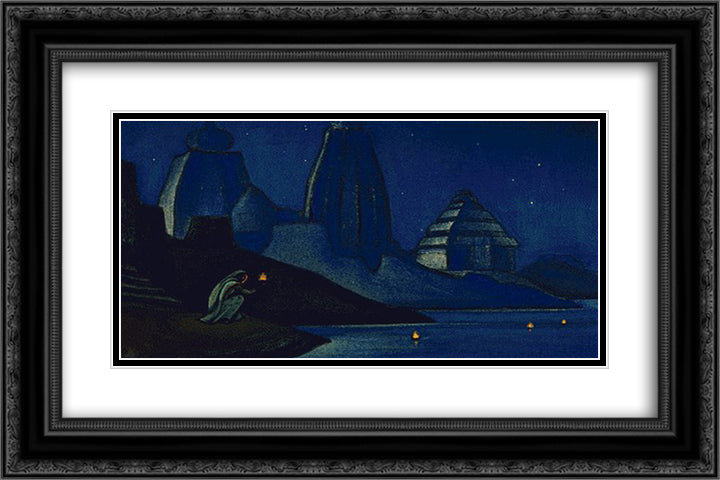 Lights on the Ganges. Flame of happyness. 24x16 Black Ornate Wood Framed Art Print Poster with Double Matting by Roerich, Nicholas