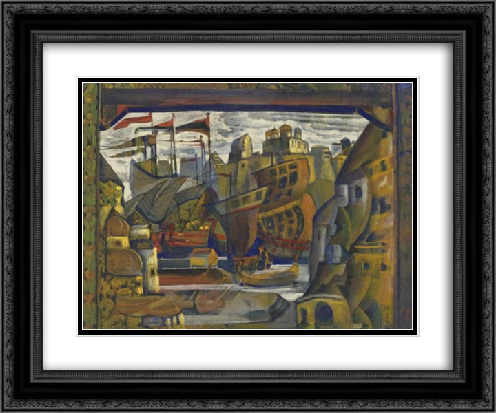 Novgorod bargaining 24x20 Black Ornate Wood Framed Art Print Poster with Double Matting by Roerich, Nicholas