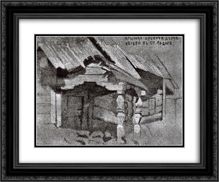 Porch of ancient wooden church in Ladoga 24x20 Black Ornate Wood Framed Art Print Poster with Double Matting by Roerich, Nicholas