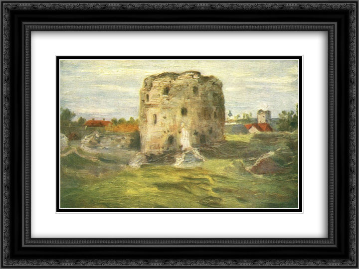 Pskov towers 24x18 Black Ornate Wood Framed Art Print Poster with Double Matting by Roerich, Nicholas