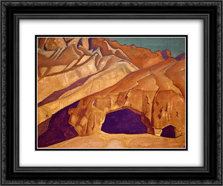Rocks with Buddhist caves 24x20 Black Ornate Wood Framed Art Print Poster with Double Matting by Roerich, Nicholas