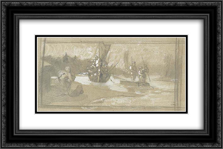 Sketch of scene from Varangian life 24x16 Black Ornate Wood Framed Art Print Poster with Double Matting by Roerich, Nicholas
