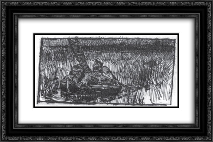 Sketch of two hunters in boat 24x16 Black Ornate Wood Framed Art Print Poster with Double Matting by Roerich, Nicholas