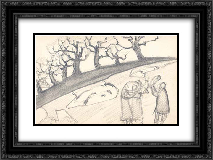 Sketch with trees and people with buggles 24x18 Black Ornate Wood Framed Art Print Poster with Double Matting by Roerich, Nicholas