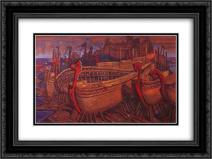 They build the ships 24x18 Black Ornate Wood Framed Art Print Poster with Double Matting by Roerich, Nicholas