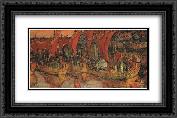 Vladimir campaign to Korsun (Red Sails) 24x16 Black Ornate Wood Framed Art Print Poster with Double Matting by Roerich, Nicholas