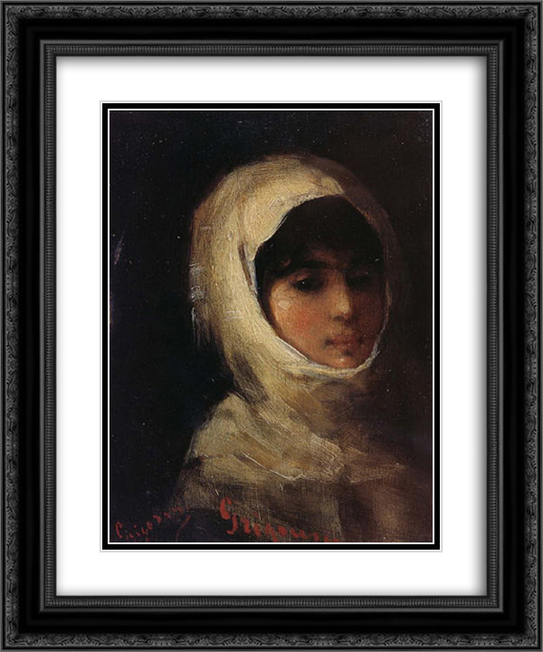 Giri with White Veil 20x24 Black Ornate Wood Framed Art Print Poster with Double Matting by Grigorescu, Nicolae