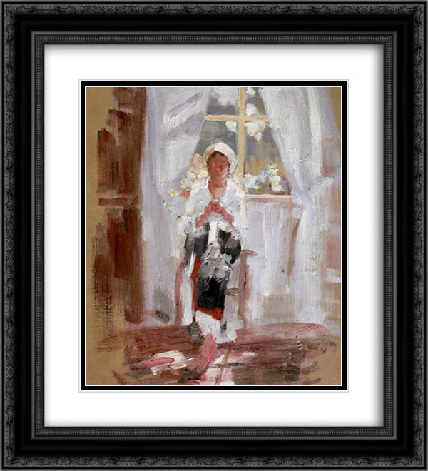 Peasant Sewing by the Window 20x22 Black Ornate Wood Framed Art Print Poster with Double Matting by Grigorescu, Nicolae