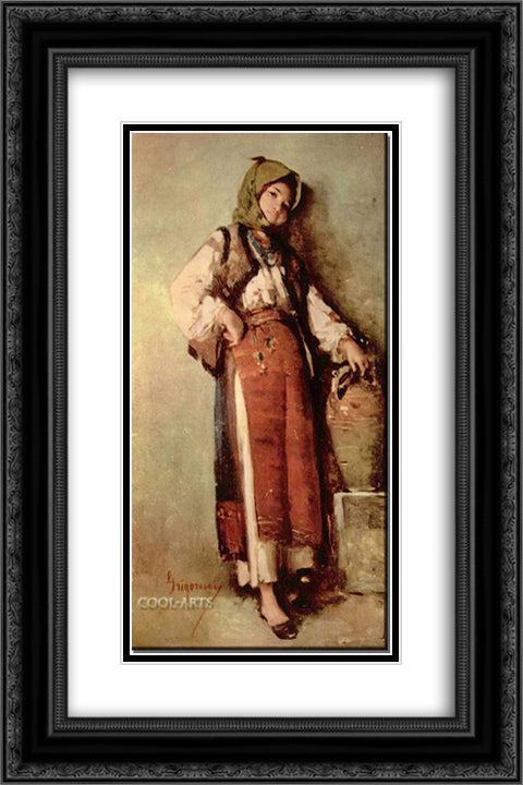 Peasant Woman with Pitcher 16x24 Black Ornate Wood Framed Art Print Poster with Double Matting by Grigorescu, Nicolae