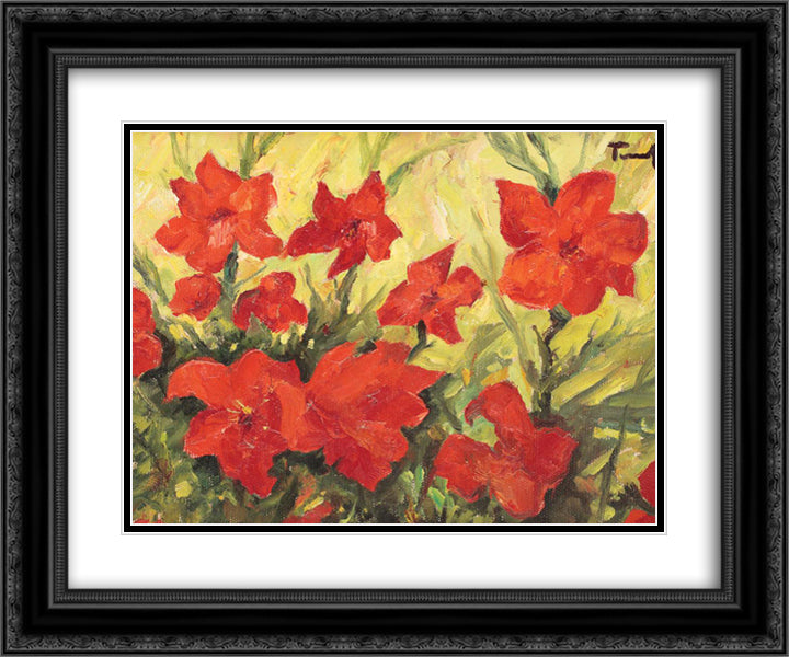 Clematis Red Flowers 24x20 Black Ornate Wood Framed Art Print Poster with Double Matting by Tonitza, Nicolae
