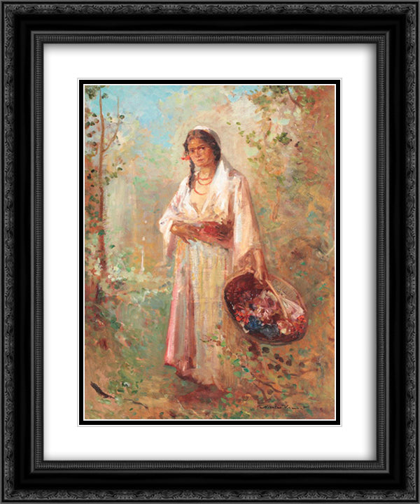 The Flower Girl 20x24 Black Ornate Wood Framed Art Print Poster with Double Matting by Vermont, Nicolae