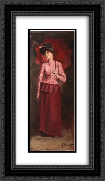 Woman with Red Umbrella 14x24 Black Ornate Wood Framed Art Print Poster with Double Matting by Vermont, Nicolae