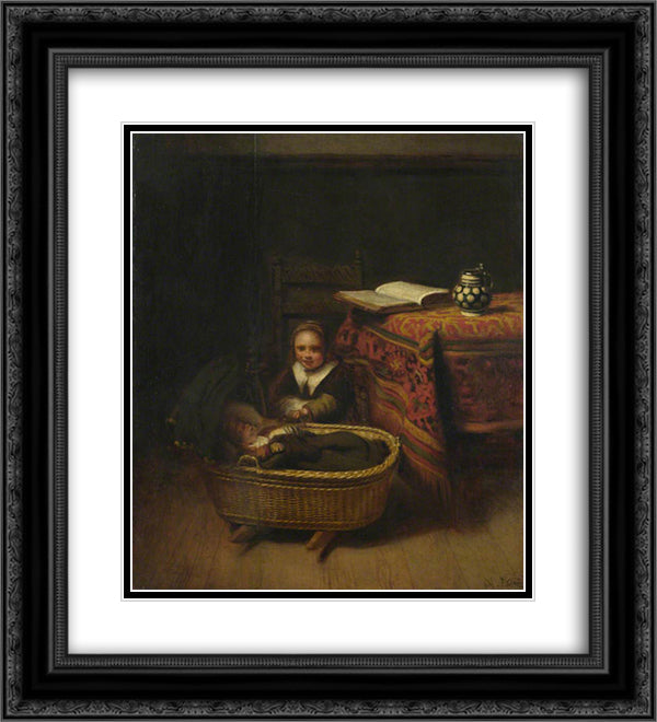 A Little Girl Rocking a Cradle 20x22 Black Ornate Wood Framed Art Print Poster with Double Matting by Maes, Nicolaes