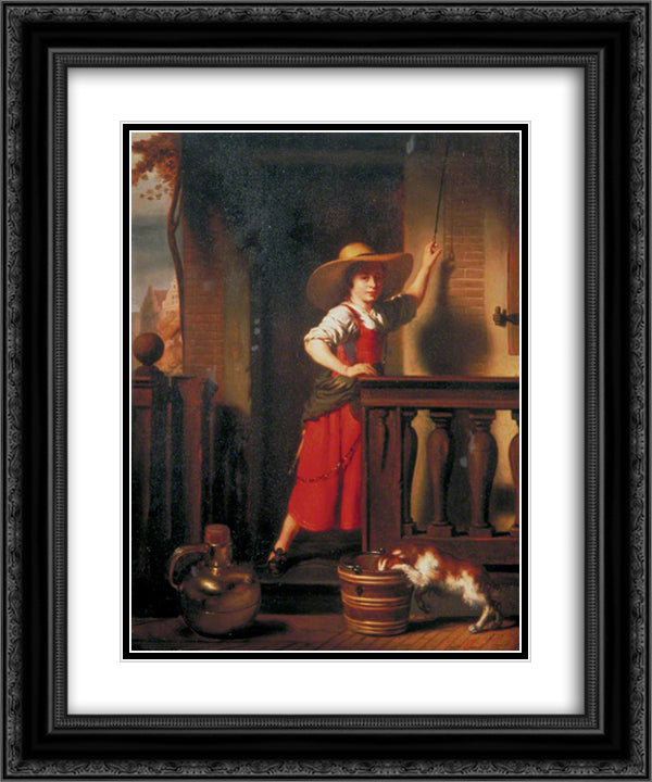 A Woman Selling Milk 20x24 Black Ornate Wood Framed Art Print Poster with Double Matting by Maes, Nicolaes