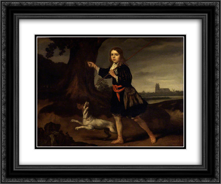 A Young Boy with His Dog 24x20 Black Ornate Wood Framed Art Print Poster with Double Matting by Maes, Nicolaes