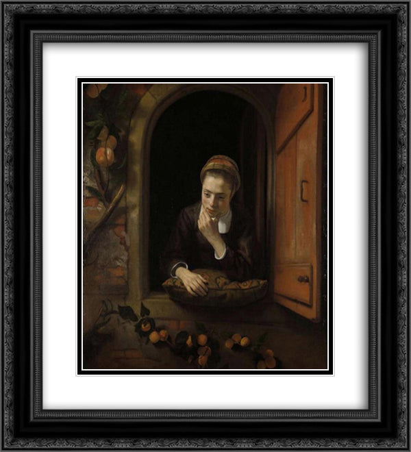 Girl at a Window (also known as The Daydreamer) 20x22 Black Ornate Wood Framed Art Print Poster with Double Matting by Maes, Nicolaes