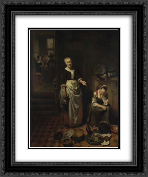 Interior with a Sleeping Maid - The Idle Servan 20x24 Black Ornate Wood Framed Art Print Poster with Double Matting by Maes, Nicolaes