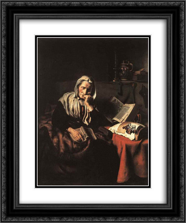 Old Woman Dozing 20x24 Black Ornate Wood Framed Art Print Poster with Double Matting by Maes, Nicolaes