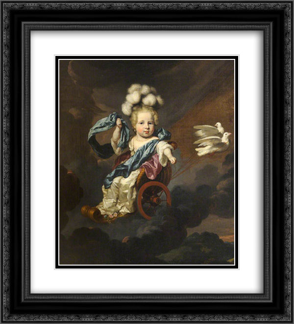Portrait of a Baby Girl as Venus with a Chariot Drawn by Doves 20x22 Black Ornate Wood Framed Art Print Poster with Double Matting by Maes, Nicolaes