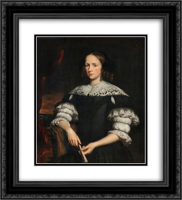 Portrait of a Woman with a Fan 20x22 Black Ornate Wood Framed Art Print Poster with Double Matting by Maes, Nicolaes