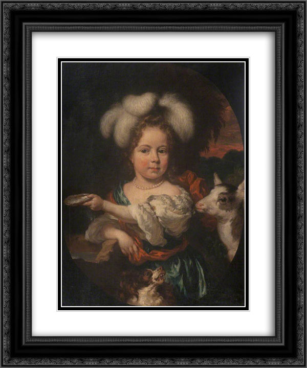 Portrait of a Young Girl with a Feather Headdress and a Kid 20x24 Black Ornate Wood Framed Art Print Poster with Double Matting by Maes, Nicolaes