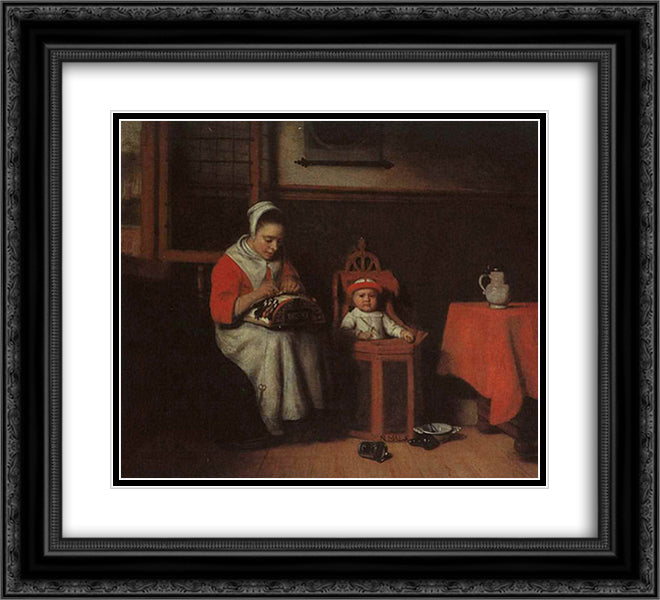 The Lacemaker 22x20 Black Ornate Wood Framed Art Print Poster with Double Matting by Maes, Nicolaes