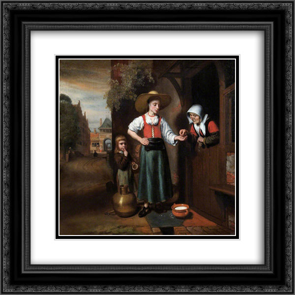 The Milkwoman 20x20 Black Ornate Wood Framed Art Print Poster with Double Matting by Maes, Nicolaes